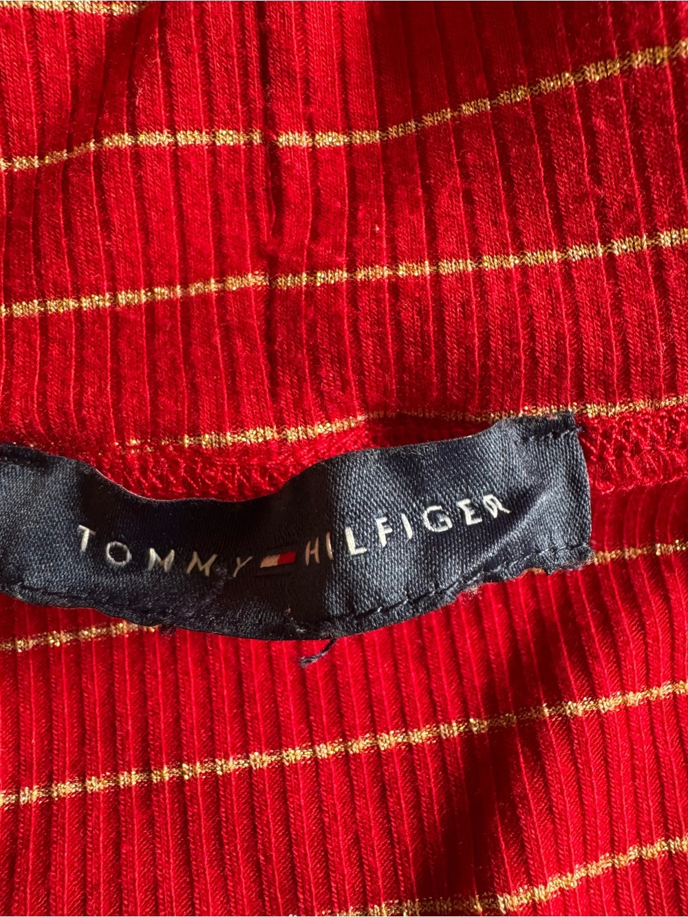 Tommy Hilfiger Red & Gold Ribbed Cold Shoulder Mock Neck Sweater Top | Size M - Picture 9 of 10